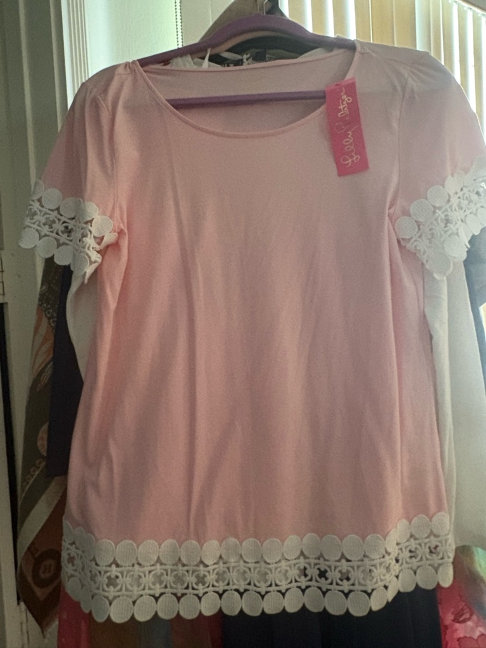 Lilly Pulitzer Light Pink Short Sleeve Tee with White Lace Edging